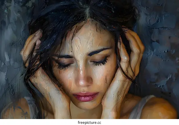 A woman with long black hair is holding her head in her hands. She has a pained expression on her face.