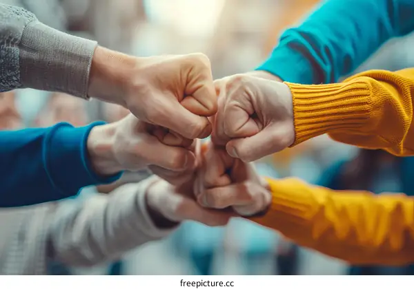 A group of diverse people joining their fists together