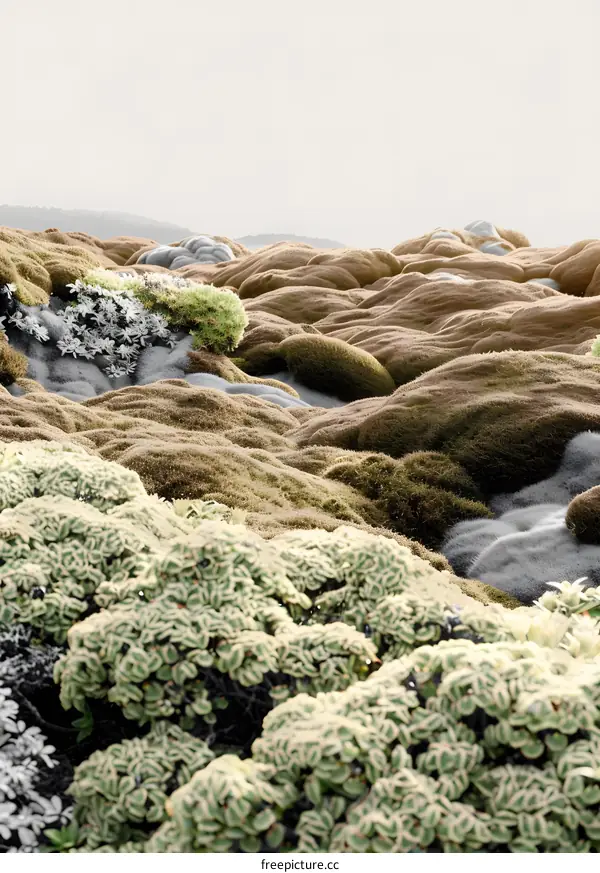 Closeup of Green Moss and White Flowers on a Hillside