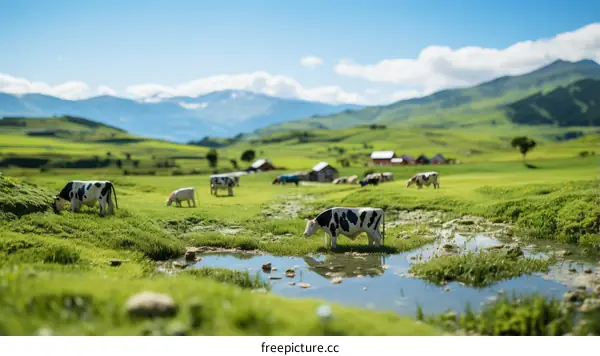Cows grazing in a lush green pasture with mountains in the distance