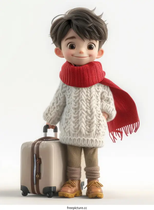 Smiling Boy in Warm Clothes with Suitcase