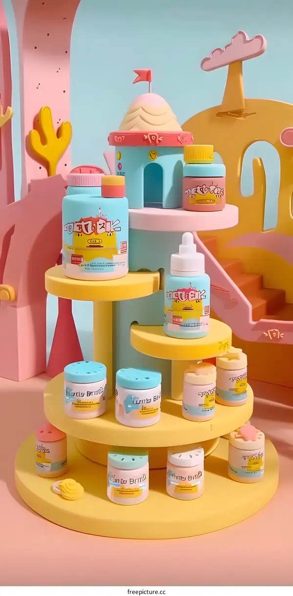 Colorful Cartoon Illustration of Various Containers with Different Designs on Multi-Layered Shelves