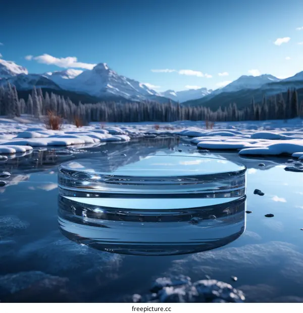 3D rendering of a clear glass platform floating on a frozen lake in the mountains