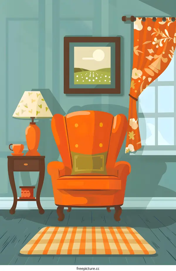 Cozy Living Room with Orange Armchair and Checkered Rug