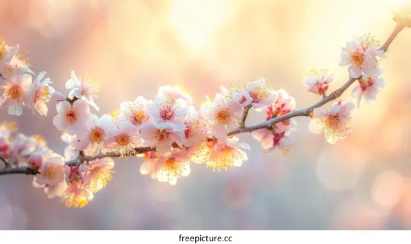 Close-up image of beautiful white and pink cherry blossoms in full bloom against a blurred background