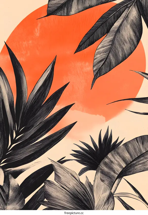 Tropical Leaves and Sunset Abstract Background Illustration