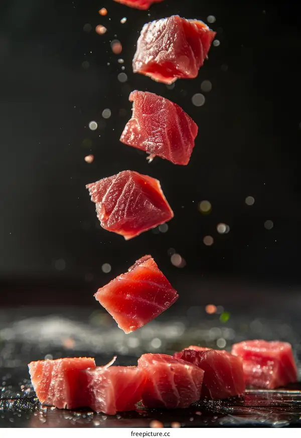Falling pieces of raw tuna