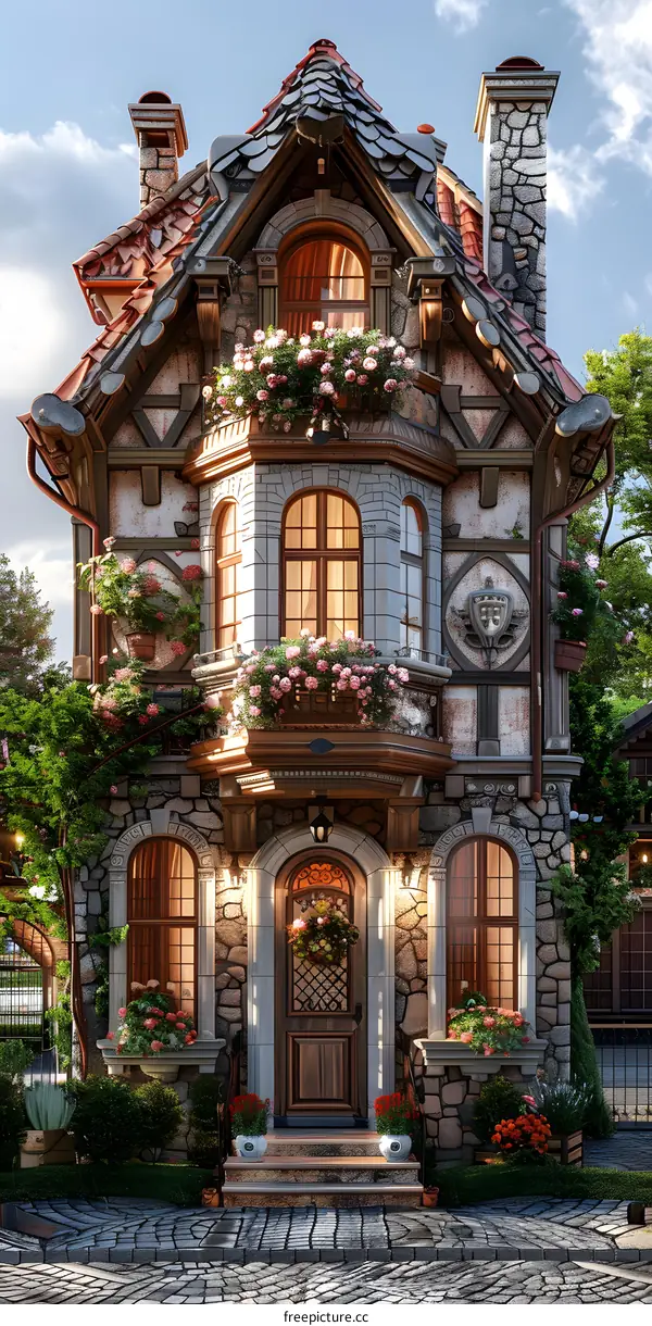 European-style architecture house with flowers