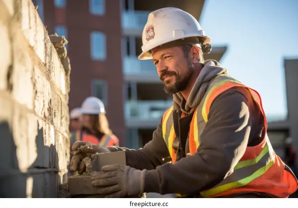 construction worker building brick wall at construction site