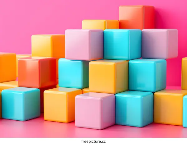 Colorful 3D cubes stacked together on a pink background