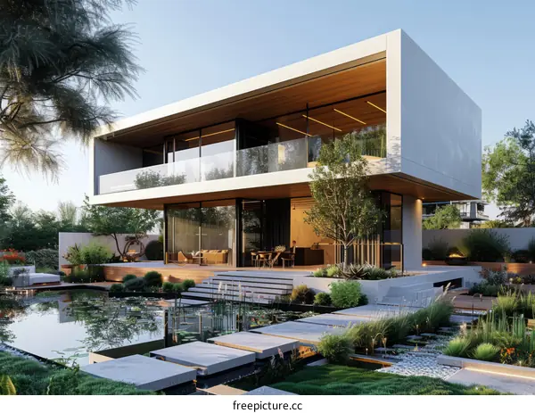 A Modern House with a Pool and a Garden