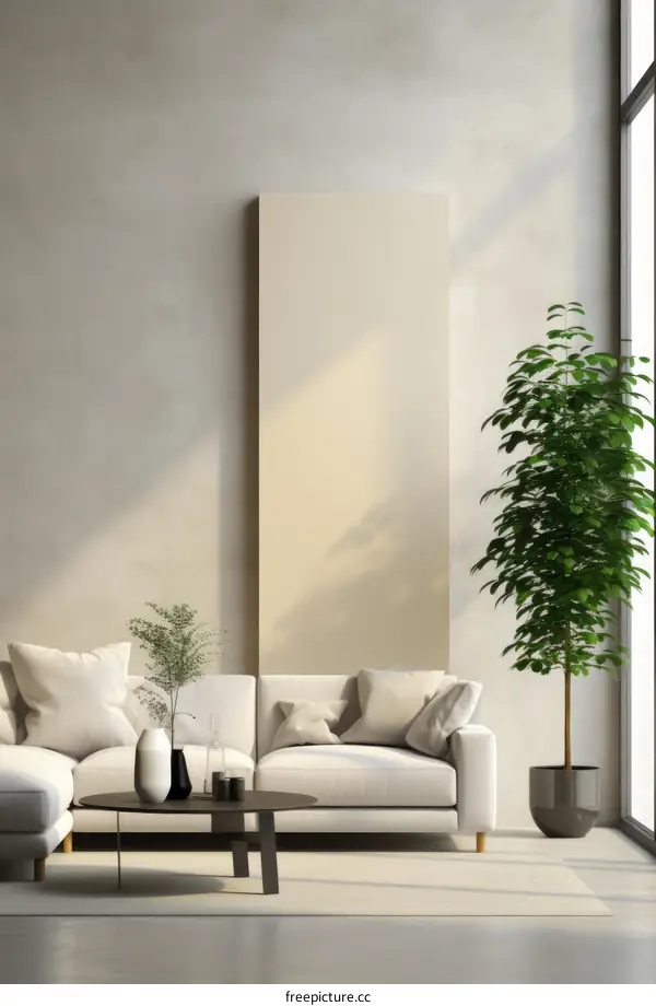 A modern living room with a large plant