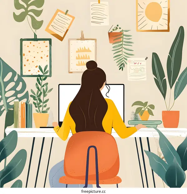 Woman Working From Home With Plants