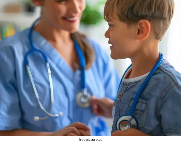 Pediatrician examining a smiling little boy
