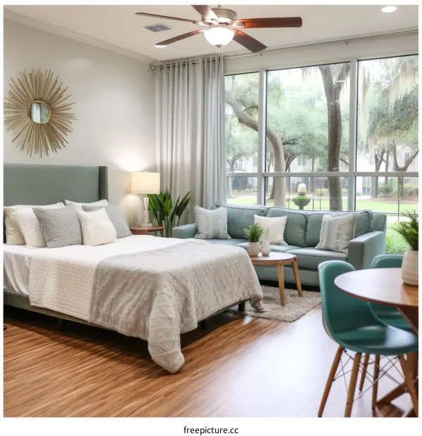 A cozy living space with a bed, sofa, coffee table, and dining table