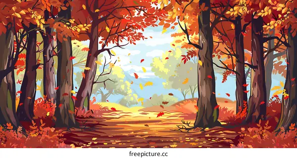 Autumn Forest Landscape with Falling Leaves