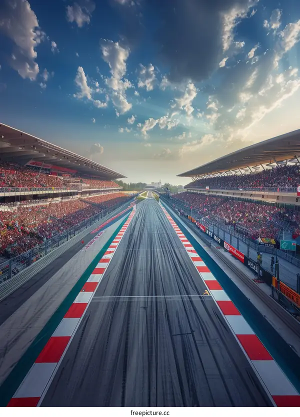 Aerial view of a Formula 1 race track with empty grandstands