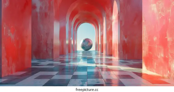 Abstract Interior with Checkered Floor and Geometric Archway