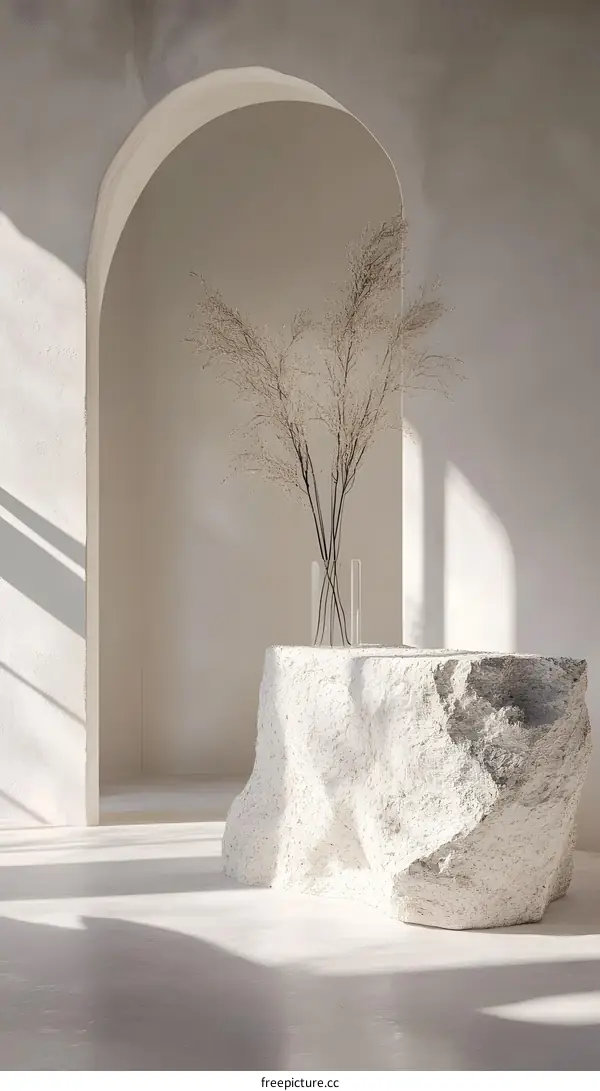 Minimalist White Interior Design with Stone Sculpture and Dried Flowers