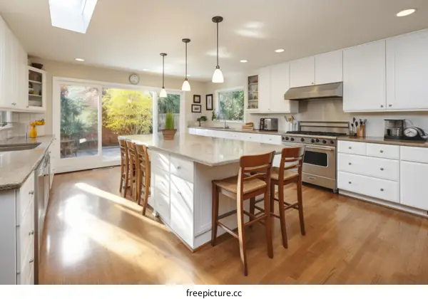 Bright and Airy Kitchen With Island and Hardwood Floors
