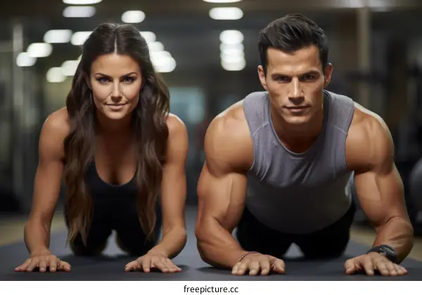 A fit man and woman doing plank exercise together in a gym