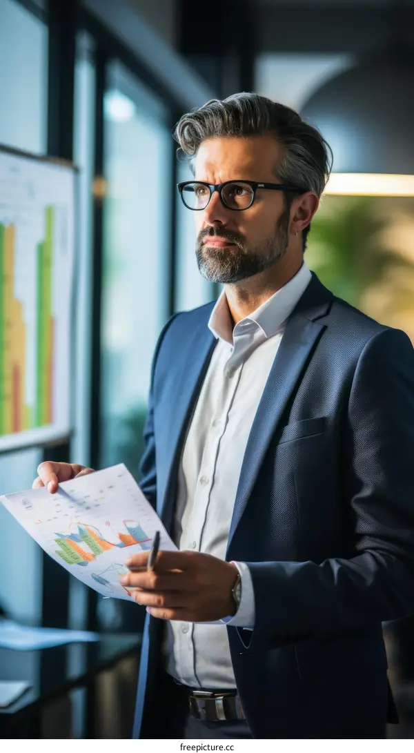 Businessman looking at graphs and holding a pen
