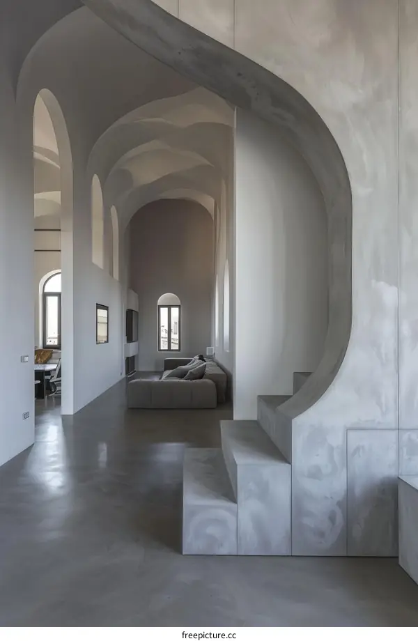 Modern interior of an apartment with a curved staircase