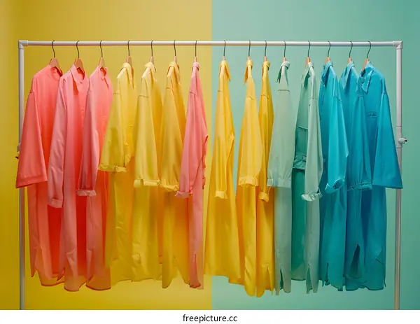 Colorful Shirts Hanging on Rack Against Yellow and Blue Background