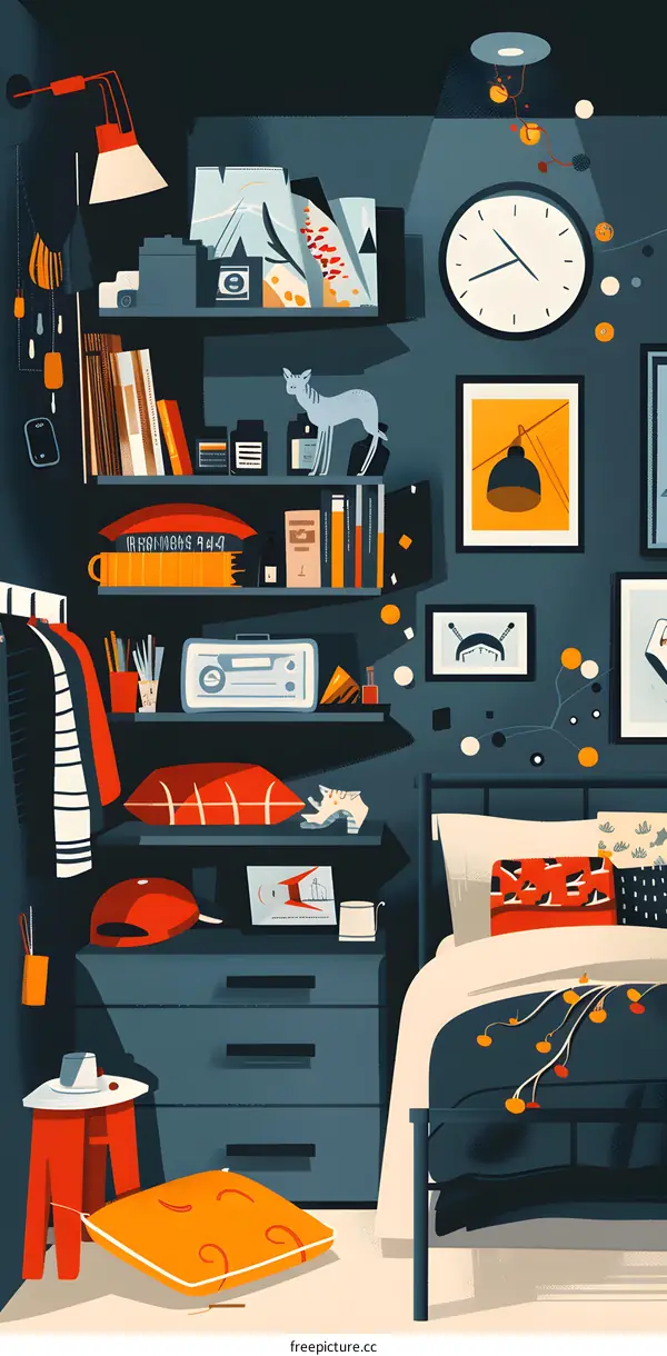 Modern Illustration of a Cozy Room Interior with a Bed and Shelves