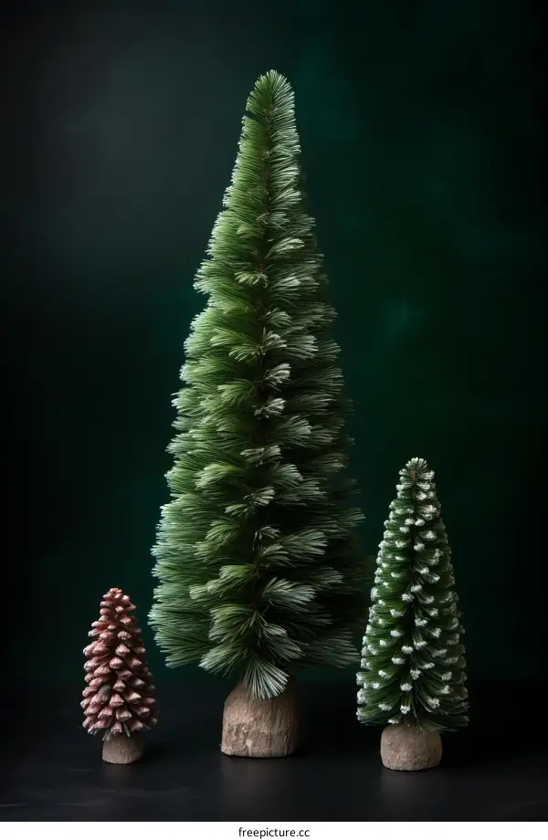 Three bottle brush trees of different sizes are arranged in a dark green background. The trees are decorated with pine cones and have a snowy appearance.