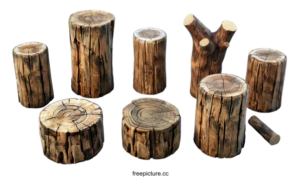 [Transparent Background PNG]Set of tree trunks and stumps isolated