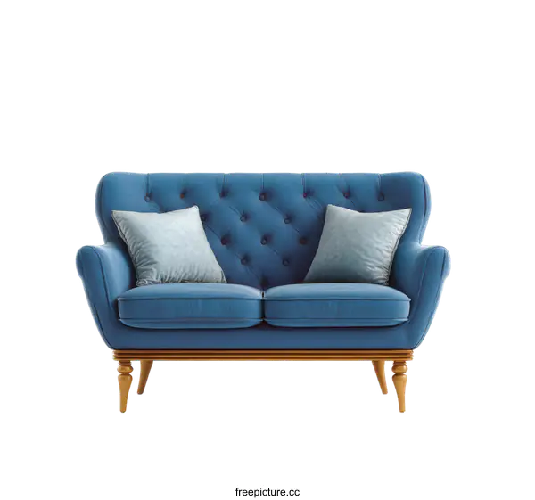 [Transparent Background PNG]Classic Blue Sofa with Light Gray Pillows