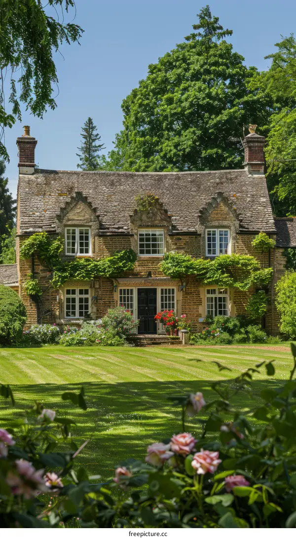 Beautiful English country cottage nestled in lush garden with roses