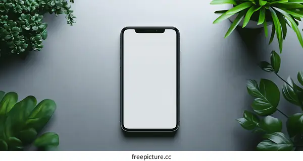 Smartphone Mockup With White Screen And Plants