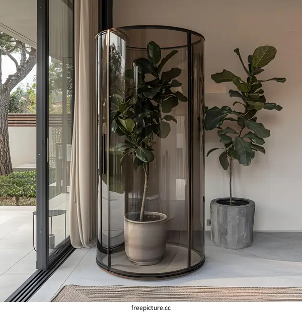 Modern Interior Design with Fiddle Leaf Fig Plants in Glass Enclosure