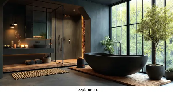 Modern Dark Luxurious Bathroom with Bathtub and Natural Light