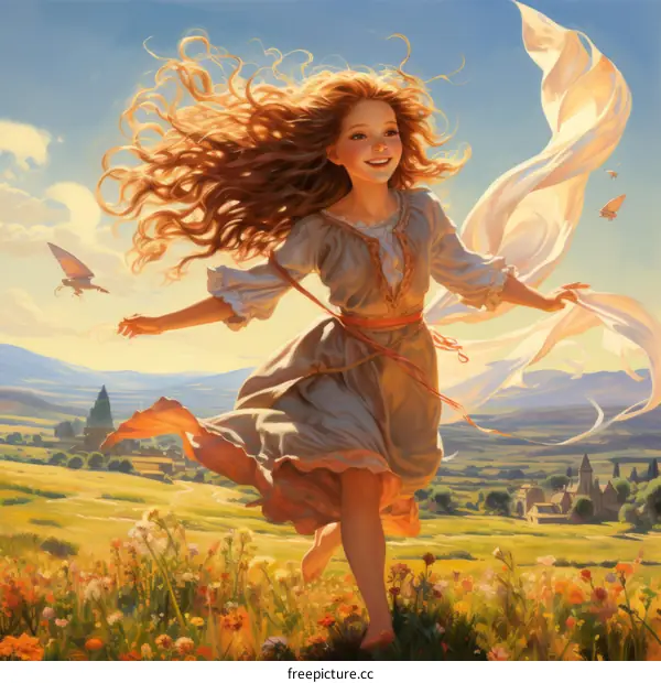 A cheerful girl with flowing hair runs through a meadow on a sunny day