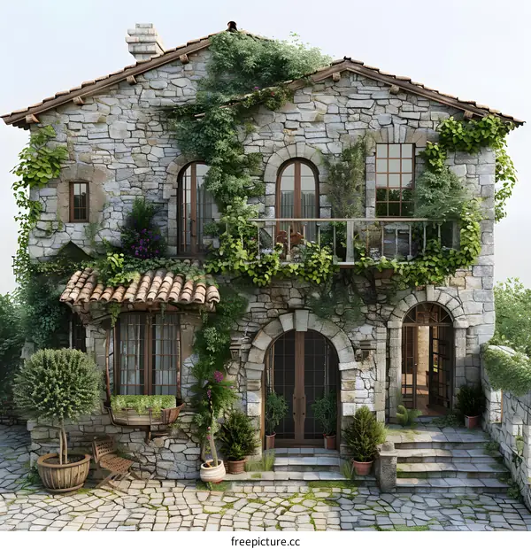 Stone house exterior with plants
