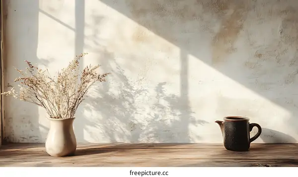 Dried Flowers and a Teapot on a Wooden Table Against a White Wall