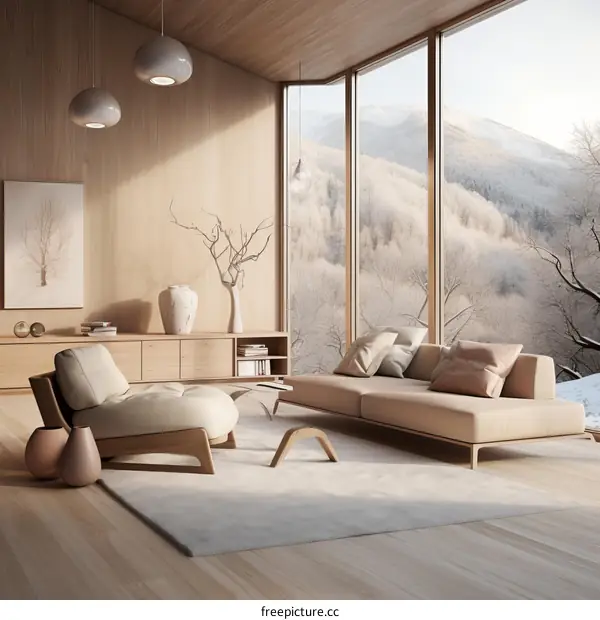 Modern living room interior with large windows and wooden walls
