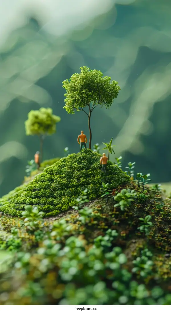 Three people standing on a hill looking at a small tree