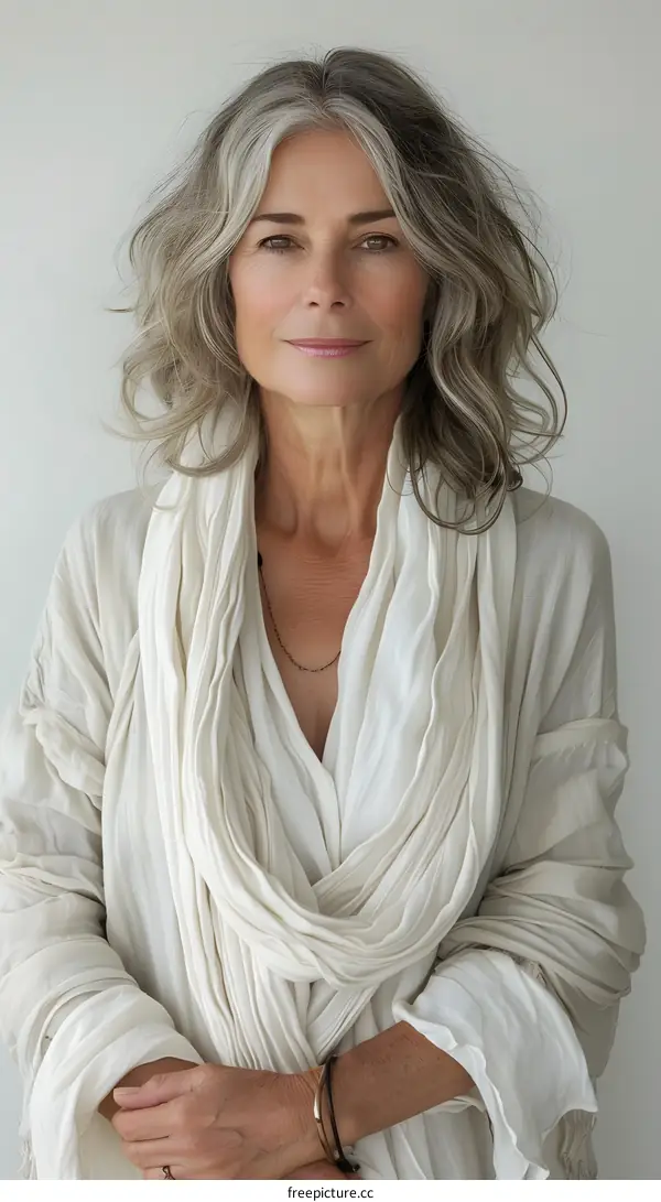 portrait of a beautiful woman with gray hair and a white scarf
