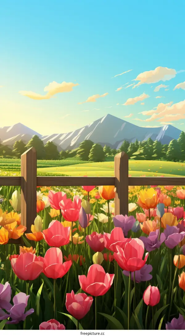 vibrant flowers in a fenced field with mountains in the distance