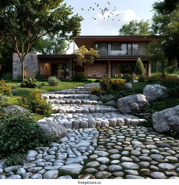 Modern house with stone pathway