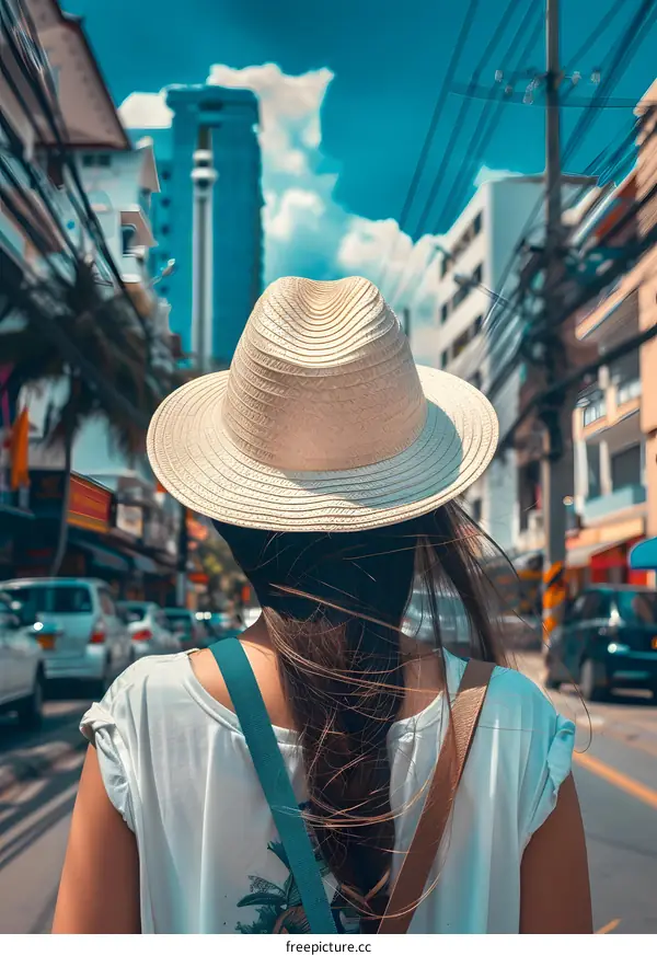 Woman Wearing a Straw Hat Walking on a Busy Street