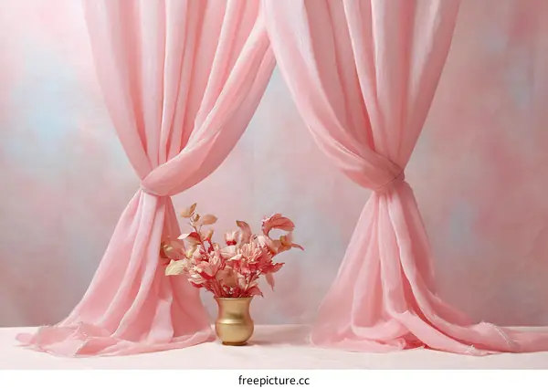 Pink Sheer Curtains with Dried Flowers Still Life