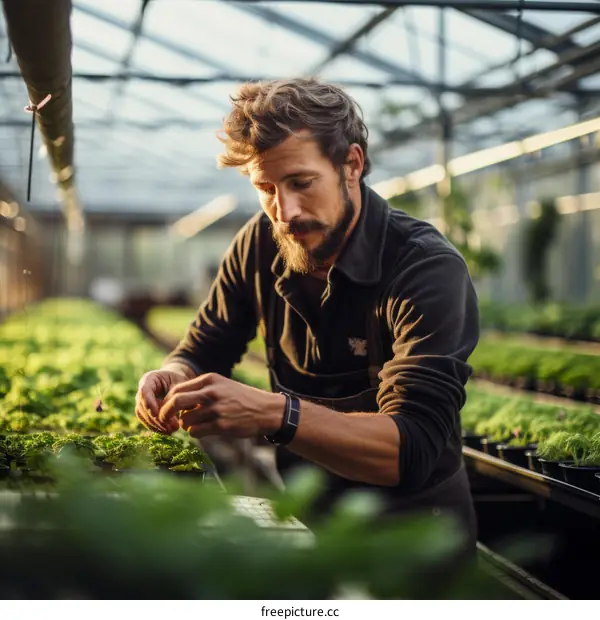 Male farmer working in greenhouse