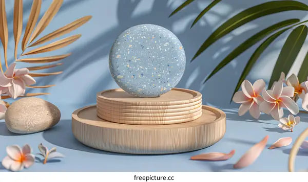 Blue Round Stone Platform With Tropical Plant and Flower