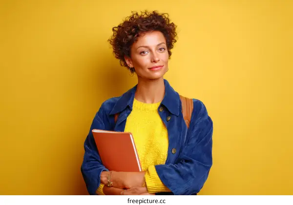 Student Woman with Books against Yellow Background