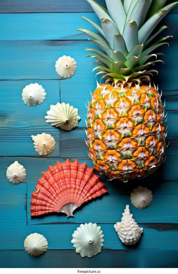 Still life of pineapple and seashells on blue wooden background